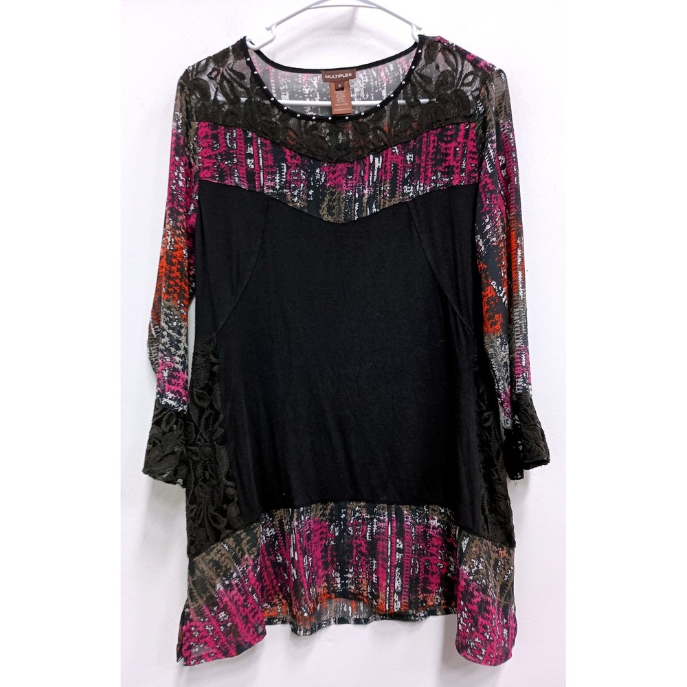 Multiples Wearable Art Tunic Top Womens Small Black Pink Abstract Lace Studded